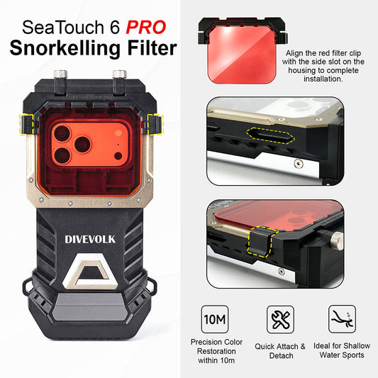 DIVEVOLK SeaTouch 6 PRO Snorkelling Filter ¡ª product info graphic showing clip-on installation via side slot, precision color restoration within 10m, quick attach & detach, ideal for shallow water sports.