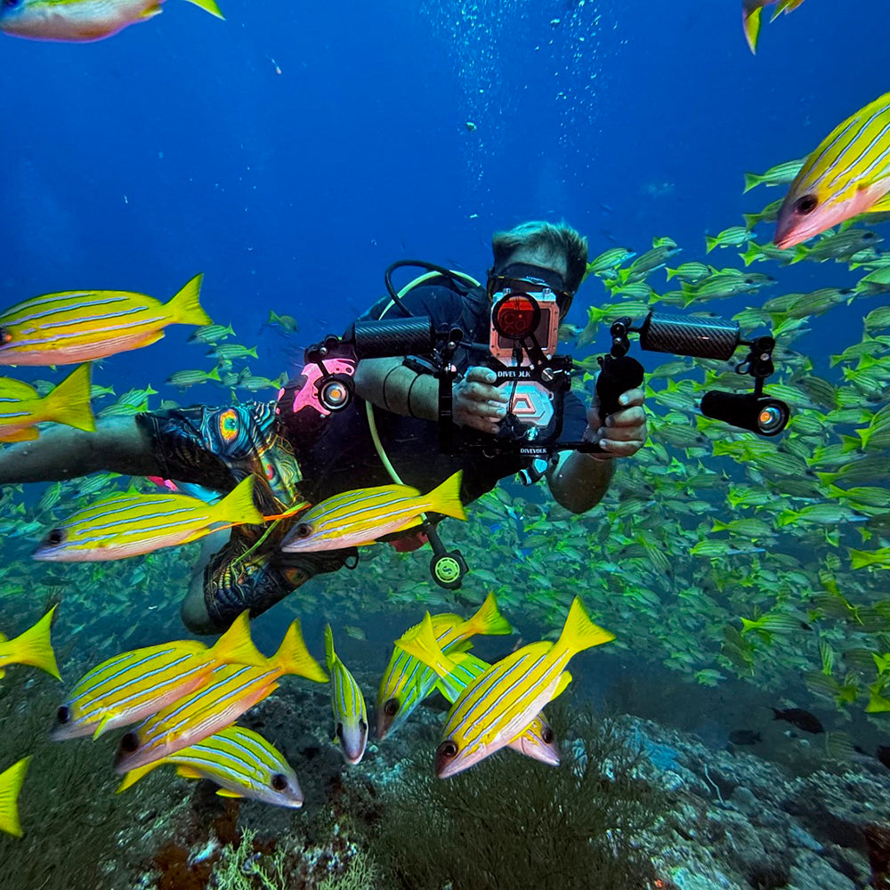 Diver filming underwater with DiveVolk SeaTouch 4 Max L Bracket.