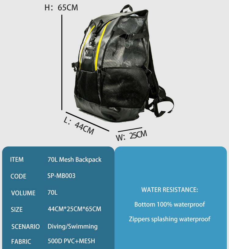 SEAPLAY 70L diving mesh backpack, waterproof bottom