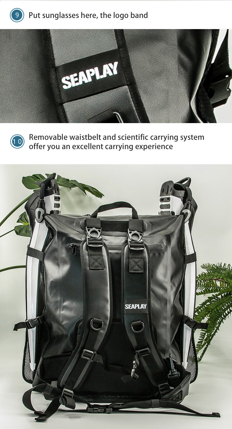 SEAPLAY 70L Mesh Backpack detail: sunglasses band, removable waistbelt