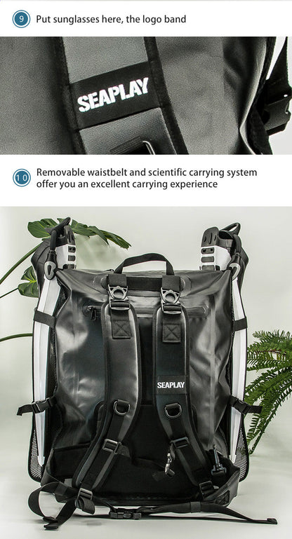 SEAPLAY 70L Mesh Backpack detail: sunglasses band, removable waistbelt