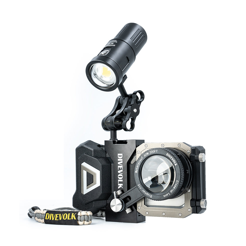 DiveVolk underwater housing with M6 ball head and video light