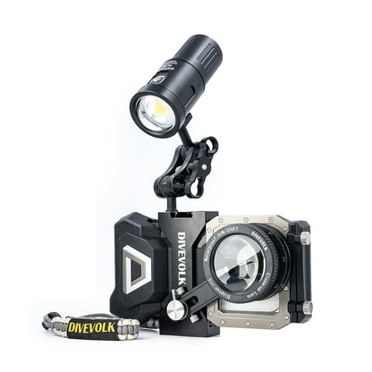 DiveVolk underwater housing with M6 ball head and video light