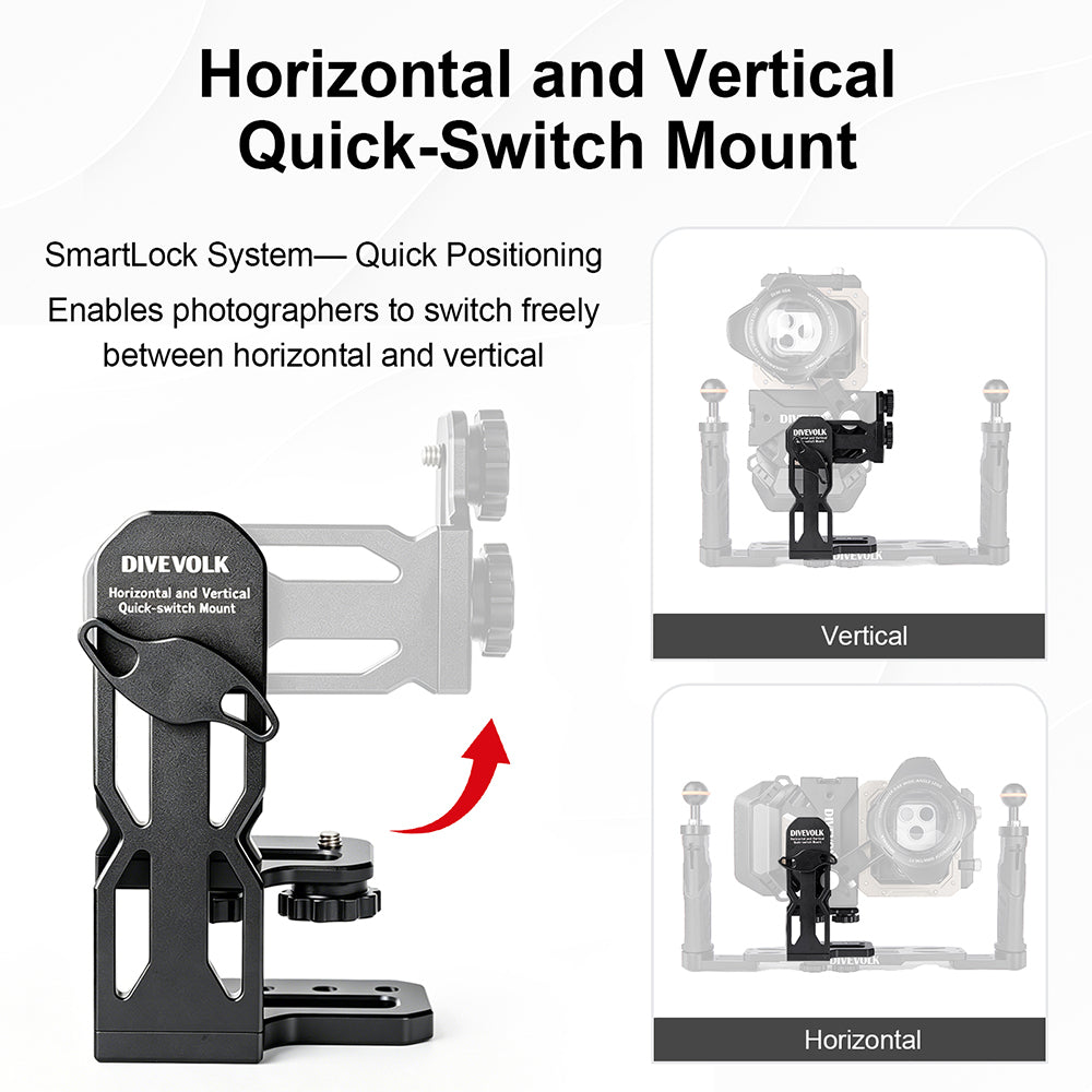 DIVEVOLK Horizontal and Vertical Quick-Switch Mount ¡ª SmartLock System diagram showing one-second rotation between vertical and horizontal shooting positions.