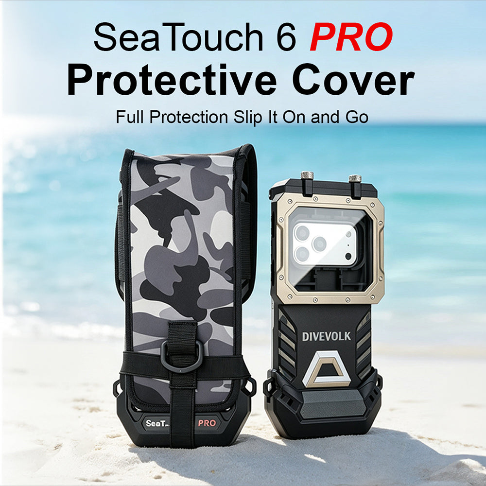 SeaTouch 6 PRO protective cover ¡ª full coverage slip-on design with camouflage neoprene sleeve and SeaTouch 6 PRO housing on beach.