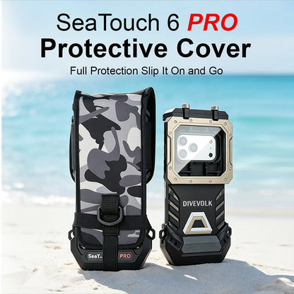 SeaTouch 6 PRO protective cover ¡ª full coverage slip-on design with camouflage neoprene sleeve and SeaTouch 6 PRO housing on beach.