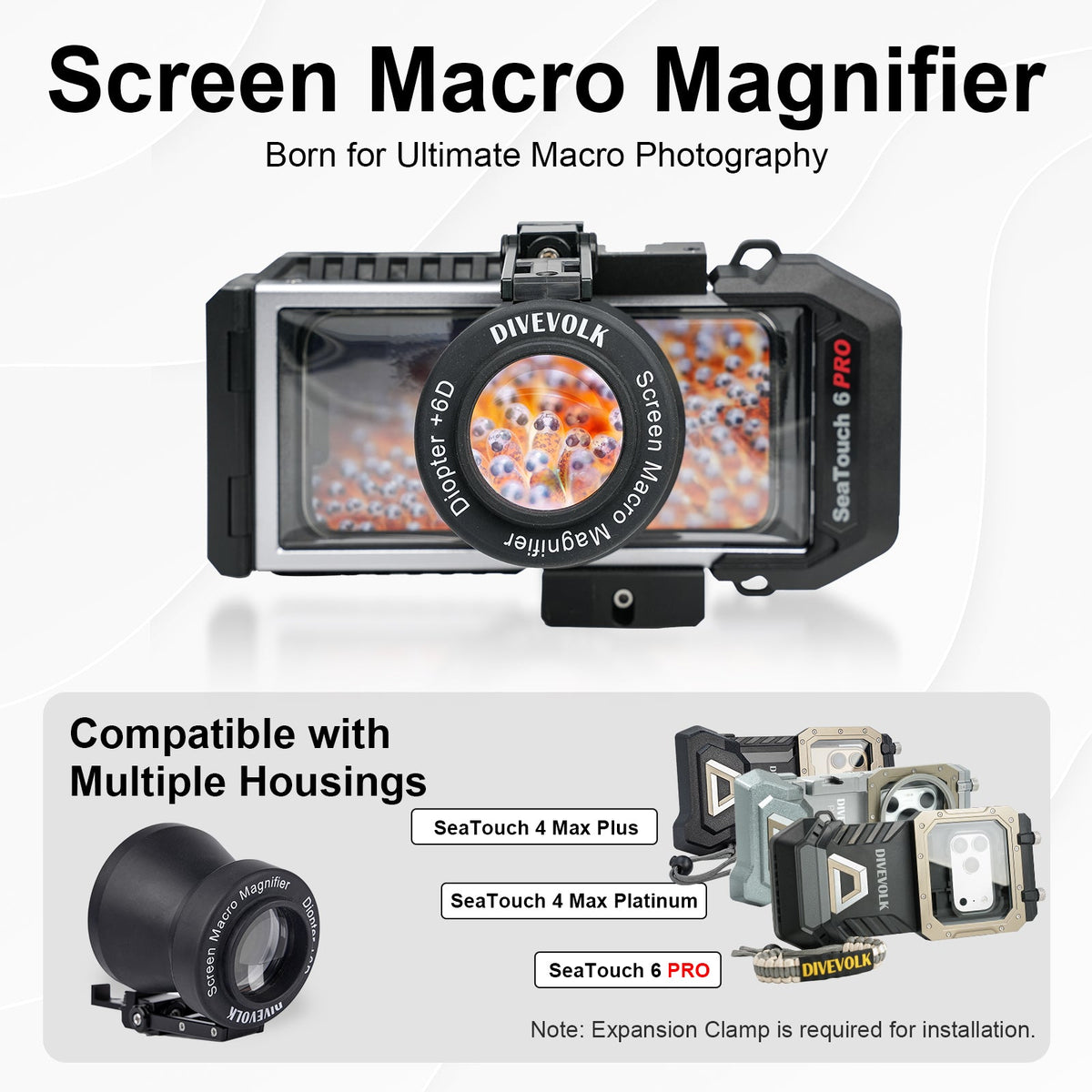 DIVEVOLK Screen Macro Magnifier +6D Diopter ¡ª underwater macro magnifier attached to SeaTouch 6 PRO housing screen, compatible with SeaTouch 4 Max Plus, 4 Max Platinum, and 6 PRO (Expansion Clamp required)