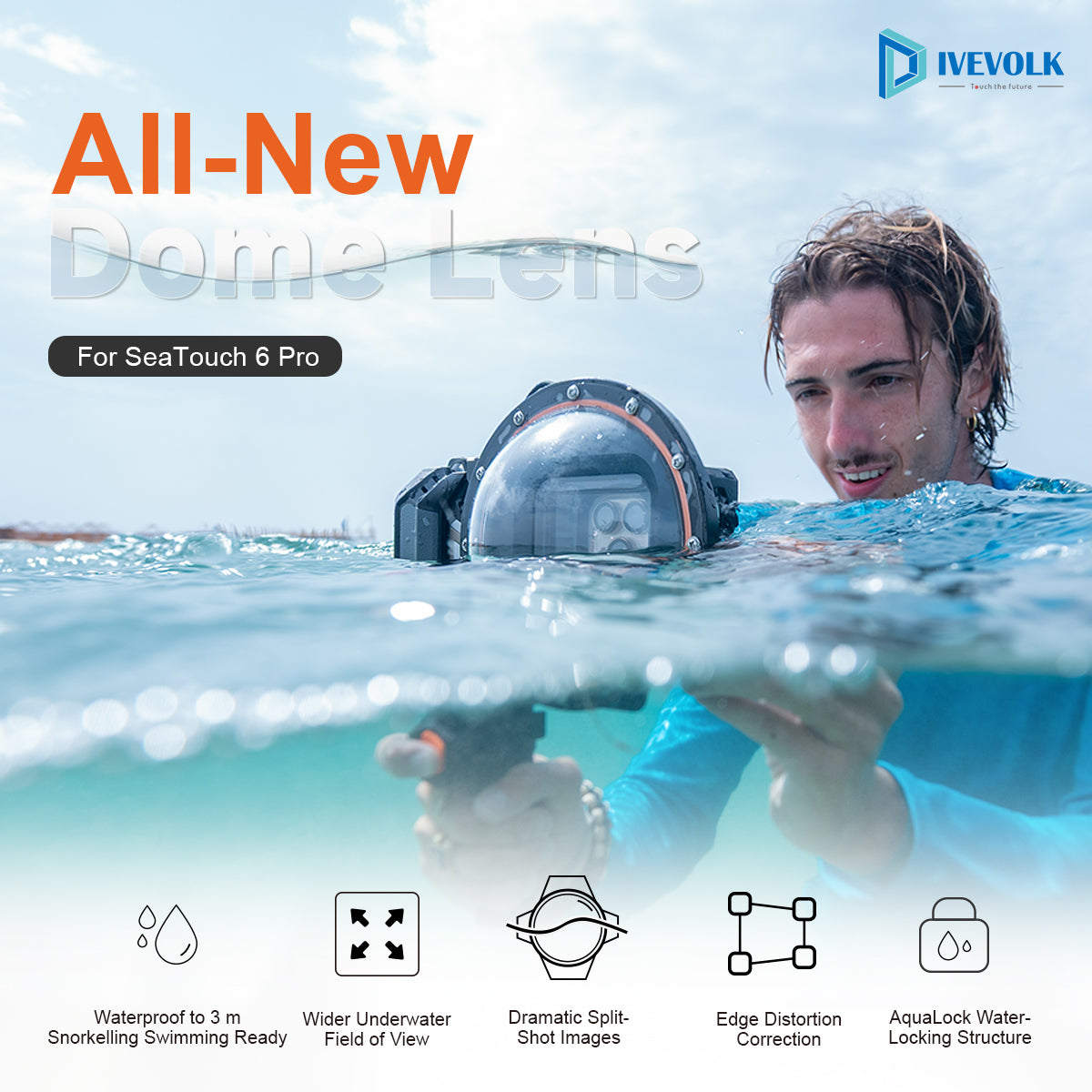 DIVEVOLK All-New Dome Lens for SeaTouch 6 Pro — man using dome lens for split-shot photography at the ocean surface, featuring 3m waterproof, wider FOV, distortion correction, and AquaLock technology