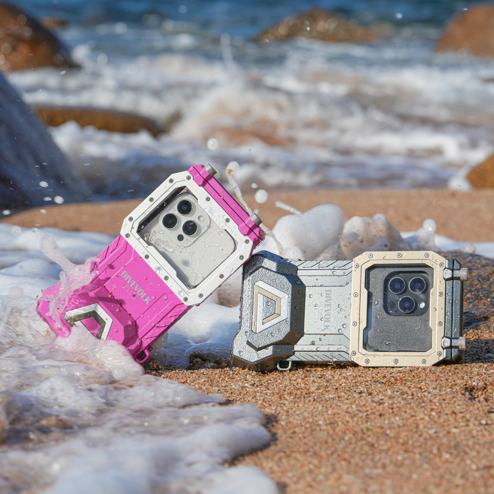 DiveVolk SeaTouch 4 Max underwater phone housings on beach