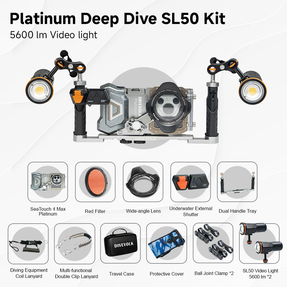 DIVEVOLK SeaTouch 4 Max Platinum Deep Dive Kit with dual light for iPhone and most Android smartphone, dive housing, waterproof phone case