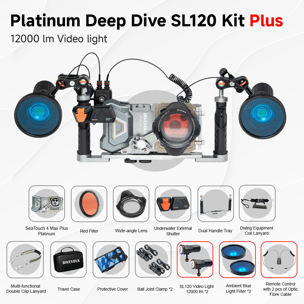 DIVEVOLK SeaTouch 4 Max Platinum Deep Dive Kit with dual light for iPhone and most Android smartphone, dive housing, waterproof phone case