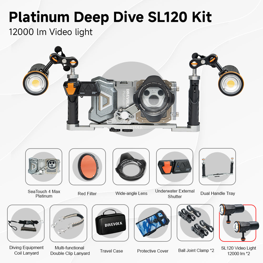 DIVEVOLK SeaTouch 4 Max Platinum Deep Dive Kit with dual light for iPhone and most Android smartphone, dive housing, waterproof phone case