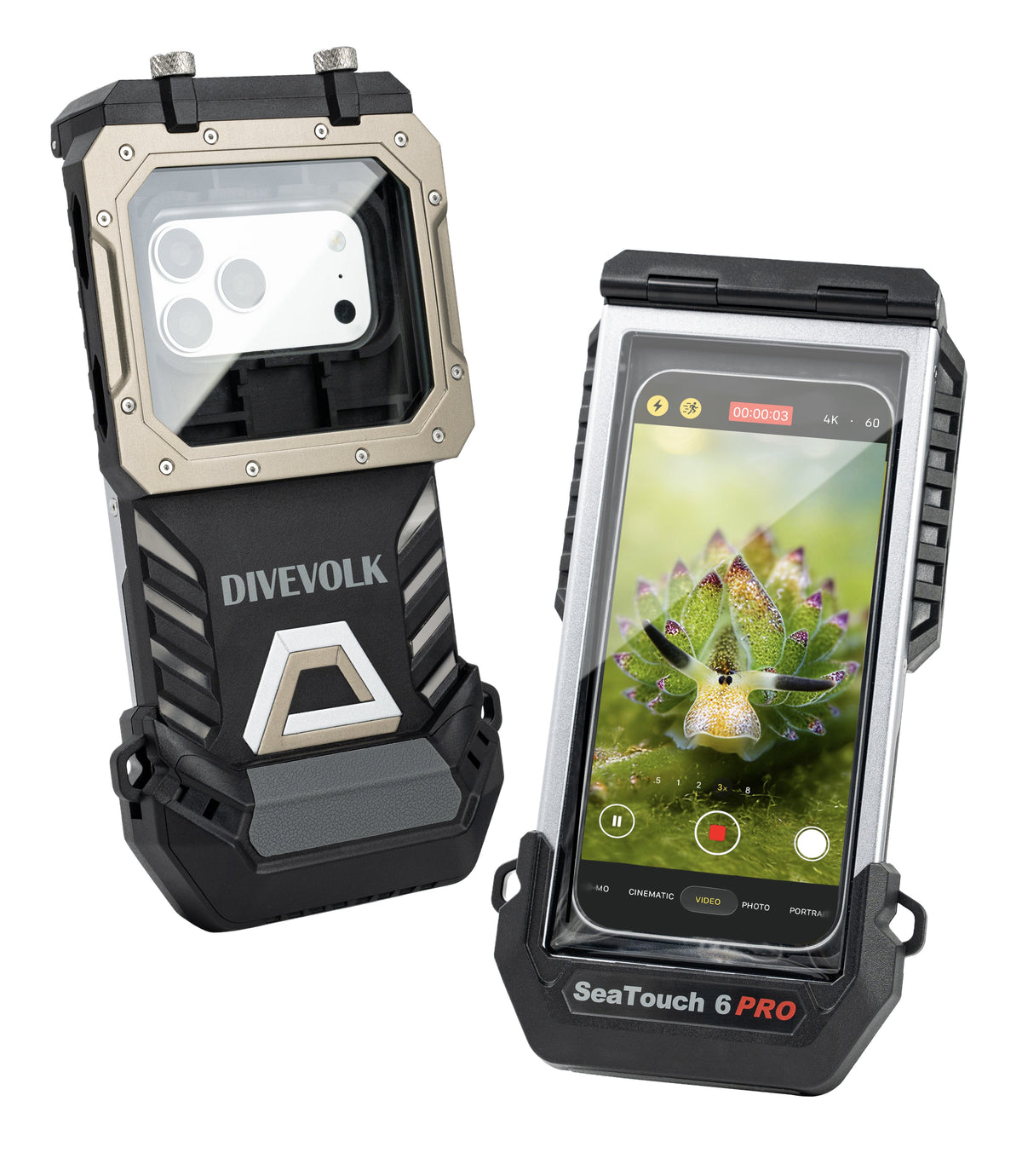 DIVEVOLK SeaTouch 6 Pro housing shown from front and angled views with phone inside displaying underwater camera app, under "General Specifications and Package Included" header.