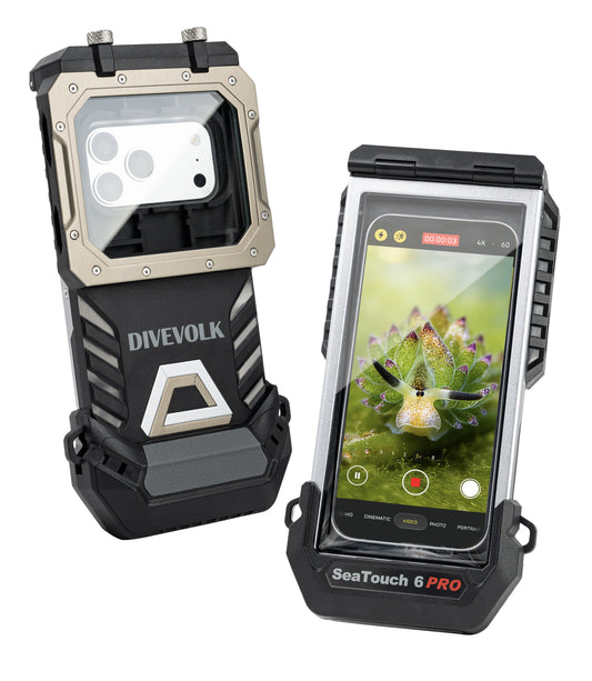 DIVEVOLK SeaTouch 6 Pro housing shown from front and angled views with phone inside displaying underwater camera app, under "General Specifications and Package Included" header.