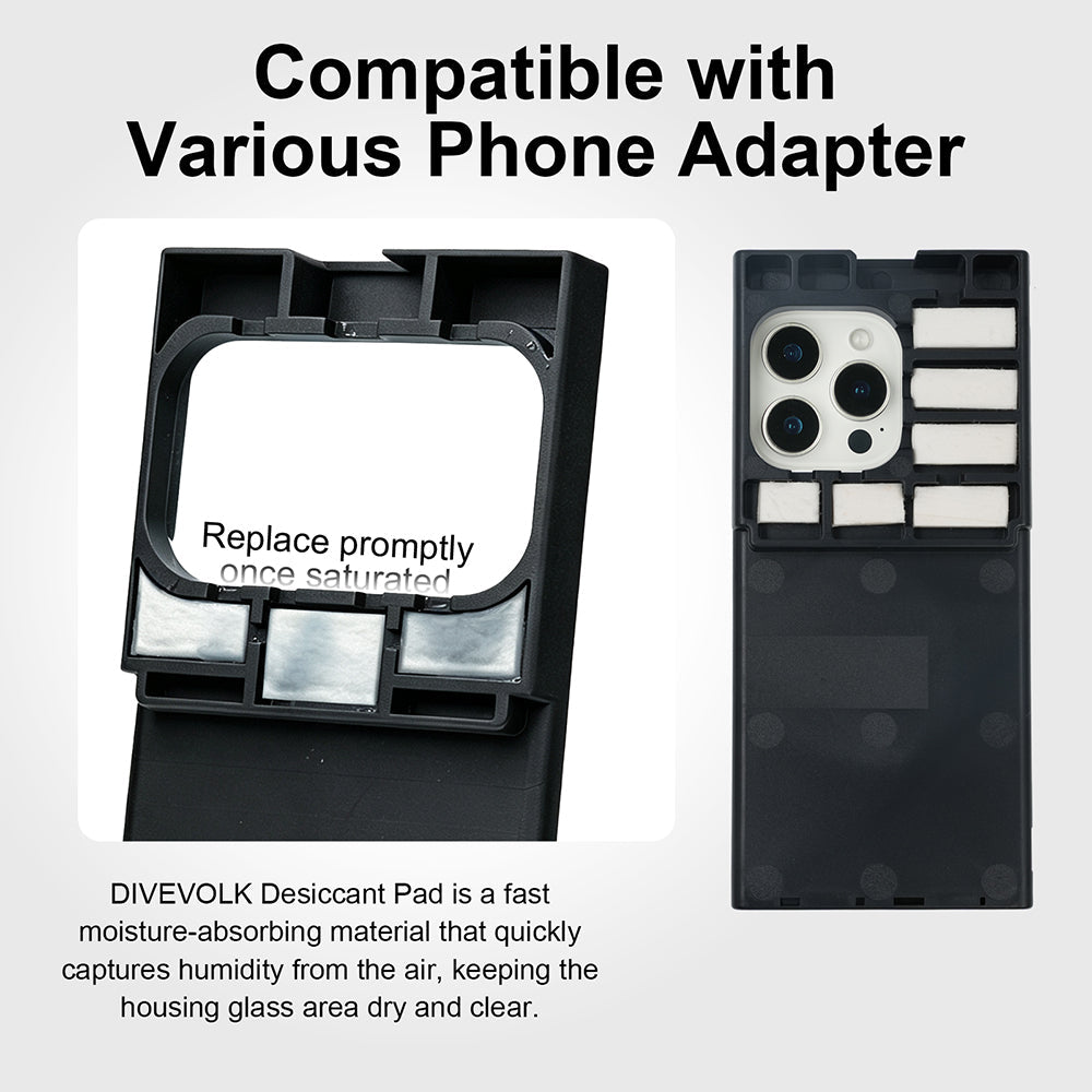 DIVEVOLK anti-fog desiccant pads installed in phone adapter ¡ª compatible with various phone models, quick moisture absorption keeps housing glass area dry and clear.