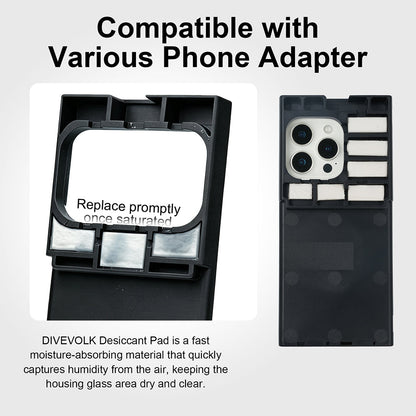 DIVEVOLK anti-fog desiccant pads installed in phone adapter ¡ª compatible with various phone models, quick moisture absorption keeps housing glass area dry and clear.