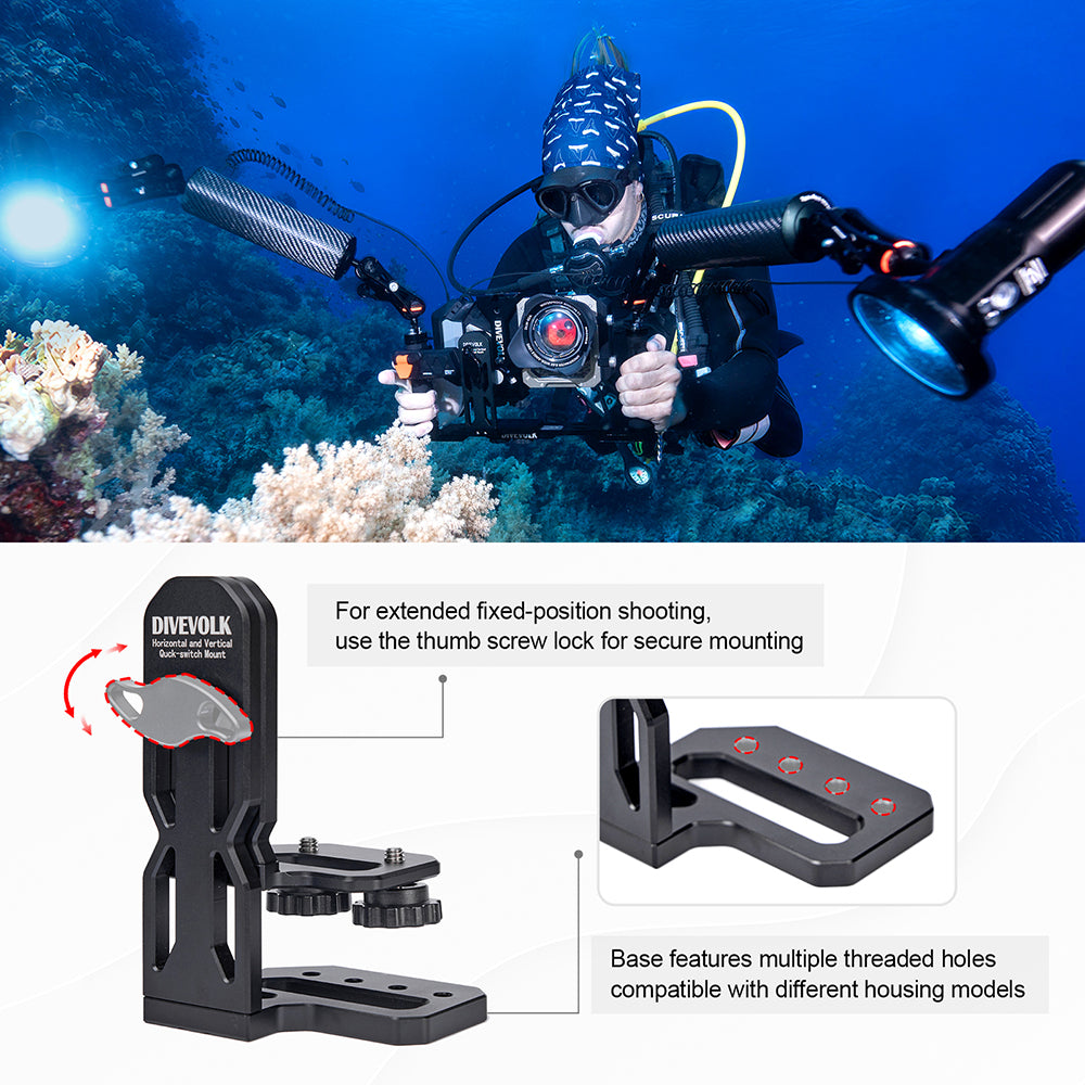Diver using SeaTouch 6 PRO with Quick-Switch Mount underwater; close-up details of thumb screw lock for secure mounting and multi-hole base plate compatible with different housing models.