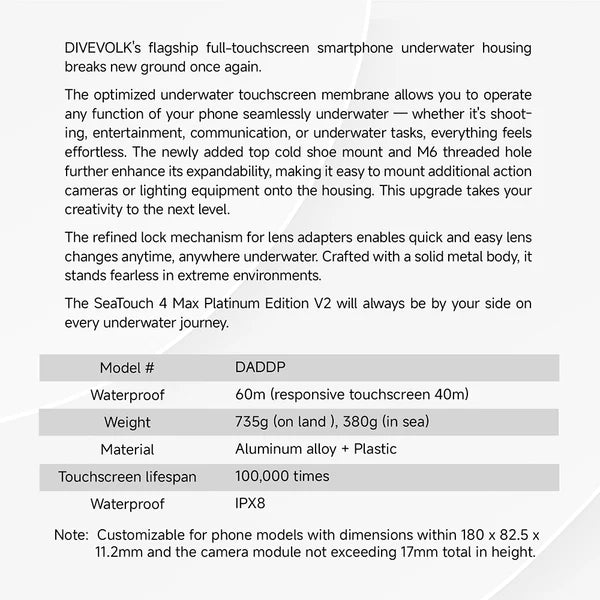 DADDP-DIVEVOLK SeaTouch 4 Max Platinum Underwater Touchscreen Housing for Smartphone