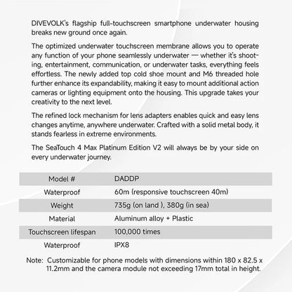 DADDP-DIVEVOLK SeaTouch 4 Max Platinum Underwater Touchscreen Housing for Smartphone