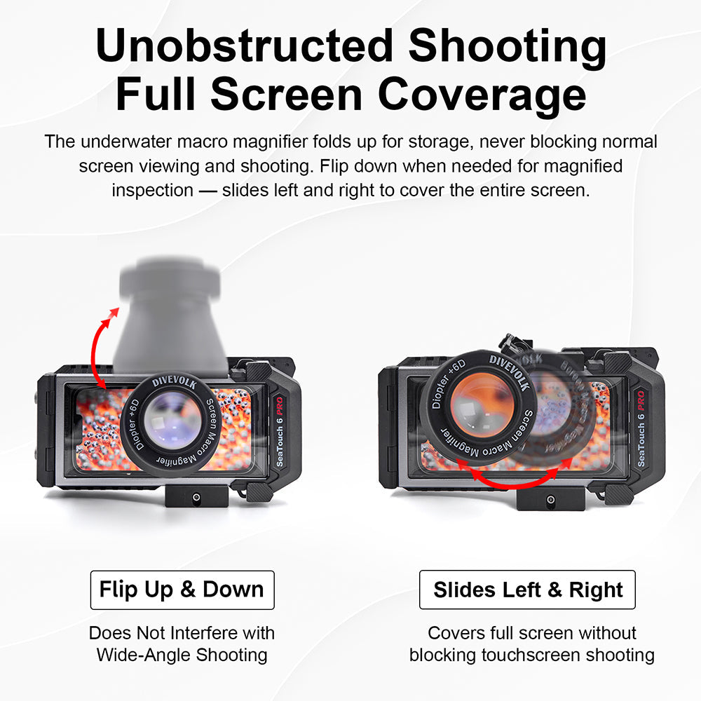 DIVEVOLK Screen Macro Magnifier flip-up and slide design ¡ª folds up for unobstructed wide-angle shooting, flips down and slides left/right for full-screen macro inspection without blocking touchscreen.