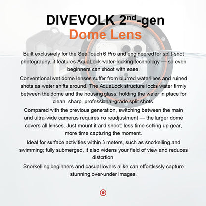 DIVEVOLK 2nd-generation Dome Lens for SeaTouch 6 Pro — built for split-shot photography with AquaLock water-locking technology, compatible with main and ultra-wide cameras, ideal for snorkelling and swimming within 3 meters