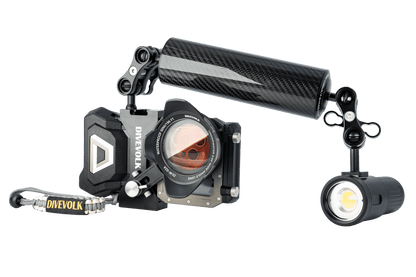 DiveVolk underwater housing with M6 ball head and light