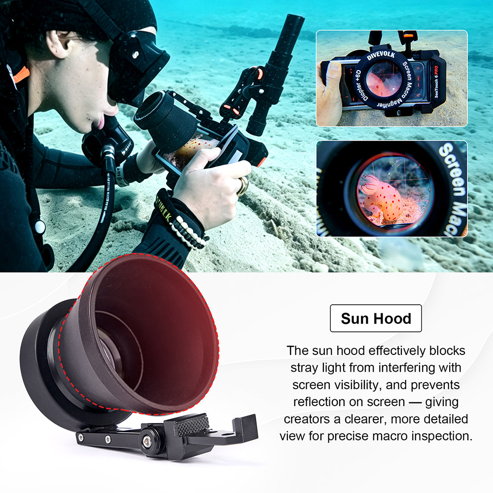DIVEVOLK Screen Macro Magnifier in use underwater with sun hood ¡ª diver inspecting macro subject through magnifier, sun hood blocks stray light and prevents screen reflection for clear macro viewing.