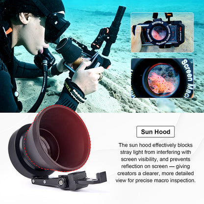 DIVEVOLK Screen Macro Magnifier in use underwater with sun hood ¡ª diver inspecting macro subject through magnifier, sun hood blocks stray light and prevents screen reflection for clear macro viewing.