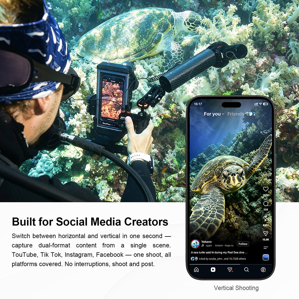 Creator shooting vertical underwater content of a sea turtle with SeaTouch 6 PRO on Quick-Switch Mount, with smartphone mockup showing social media post ¡ª one scene, dual-format output for TikTok, YouTube and Instagram.