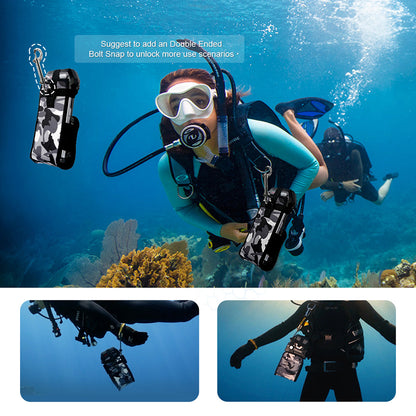 Diver wearing camouflage protective cover on BCD ¡ª cover clipped with bolt snap for easy carry during scuba diving.