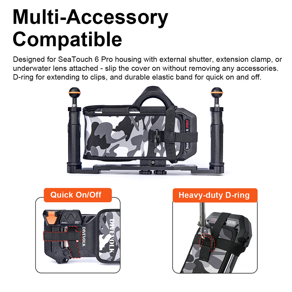 Multi-accessory compatibility ¡ª protective cover fits SeaTouch 6 PRO with external shutter, extension clamp or underwater lens; D-ring and quick on/off elastic band details.
