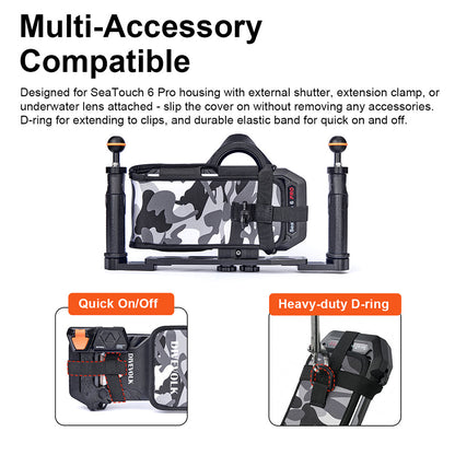 Multi-accessory compatibility ¡ª protective cover fits SeaTouch 6 PRO with external shutter, extension clamp or underwater lens; D-ring and quick on/off elastic band details.