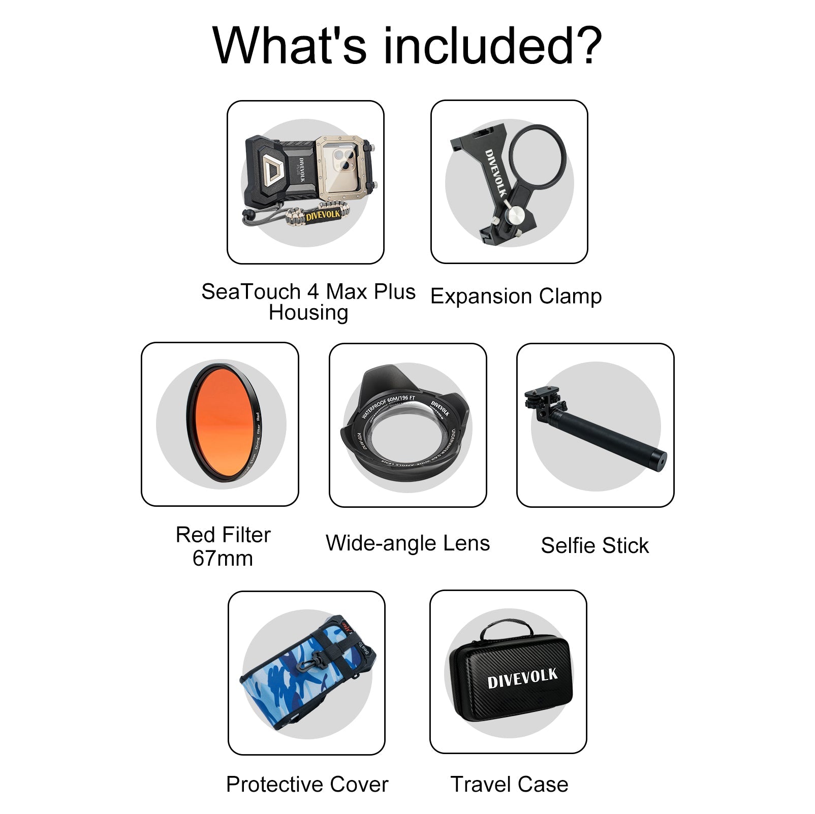 SeaTouch 4 Max selfie kit contents: housing, clamp, filter, lens, stick, case.