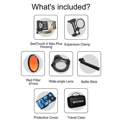 SeaTouch 4 Max selfie kit contents: housing, clamp, filter, lens, stick, case.