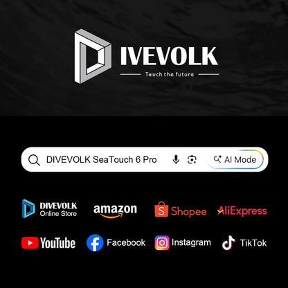 DIVEVOLK brand page — search for SeaTouch 6 Pro and shop via DIVEVOLK Online Store, Amazon, Shopee, AliExpress, YouTube, Facebook, Instagram, and TikTok