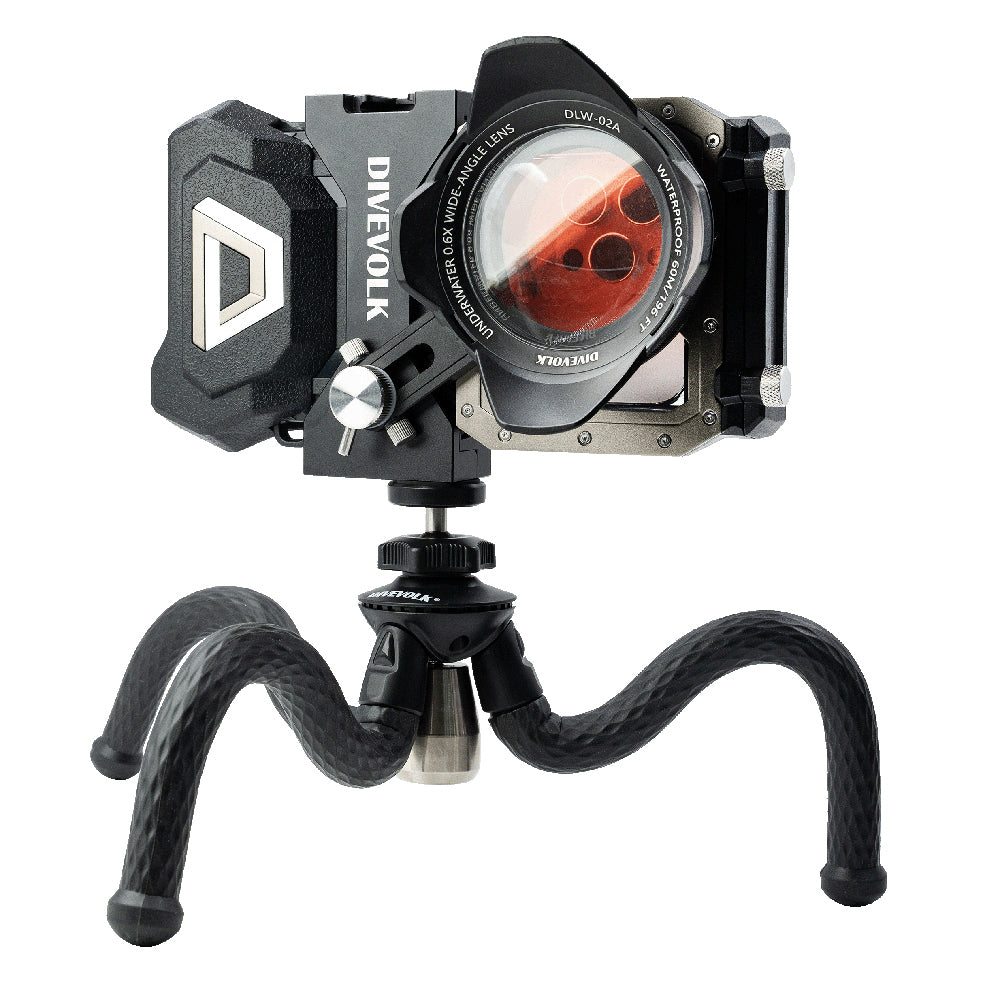 DiveVolk underwater housing with flexible tripod.
