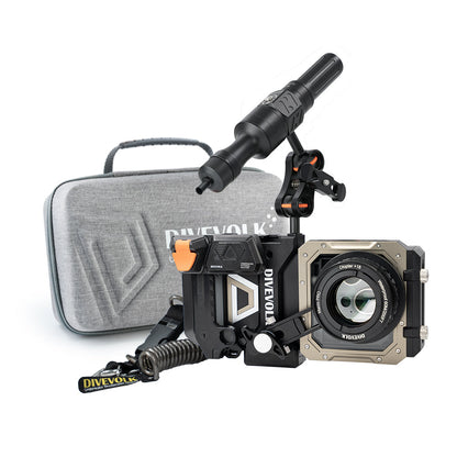 DIVEVOLK SeaTouch 6 PRO Advanced Macro Snoot Kit with travel case ¡ª housing with Macro Pro +18 lens and video light with snoot arm, DIVEVOLK branded grey travel case in background.
