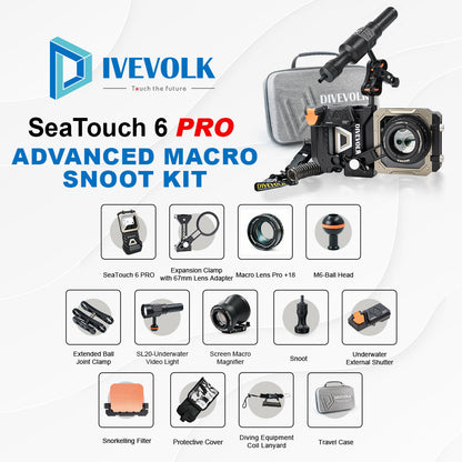 DIVEVOLK SeaTouch 6 PRO Advanced Macro Snoot Kit complete set ¡ª includes SeaTouch 6 PRO housing, Expansion Clamp with 67mm Lens Adapter, Macro Lens Pro +18, M6-Ball Head, Extended Ball Joint Clamp, SL20 Underwater Video Light, Screen Macro Magnifier, Snoot, Underwater External Shutter, Snorkelling Filter, Protective Cover, Diving Equipment Coil Lanyard, and Travel Case.