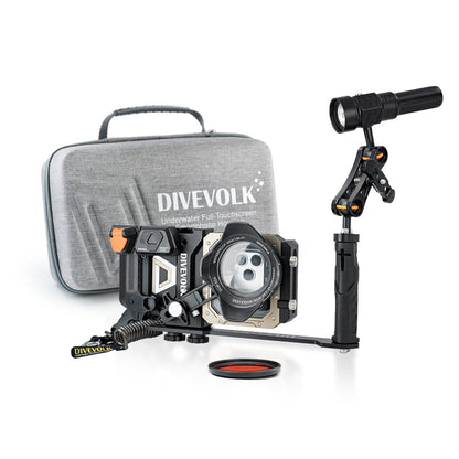 DIVEVOLK SeaTouch 6 PRO Creator SL20 Kit with travel case ¡ª housing with wide-angle lens and SL20 video light on adjustable arm, Deep Dive Red Filter, DIVEVOLK branded grey travel case in background.