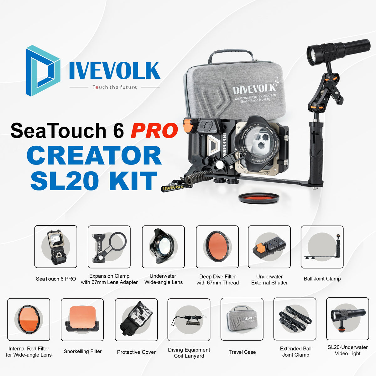 DIVEVOLK SeaTouch 6 PRO Creator SL20 Kit complete set ¡ª includes SeaTouch 6 PRO housing, Expansion Clamp with 67mm Lens Adapter, Underwater Wide-angle Lens, Deep Dive Filter, External Shutter, Ball Joint Clamp, Internal Red Filter, Snorkelling Filter, Protective Cover, Coil Lanyard, Travel Case, Extended Ball Joint Clamp, and SL20 Underwater Video Light.