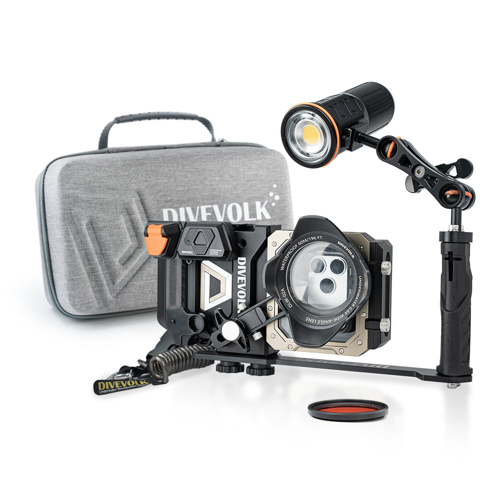 DIVEVOLK SeaTouch 6 PRO Creator SL50 Kit with travel case ¡ª housing with wide-angle lens and SL50 video light on articulated arm, Deep Dive Red Filter, DIVEVOLK grey travel case in background.