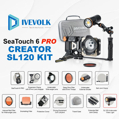 DIVEVOLK SeaTouch 6 PRO Creator SL120 Kit complete set ¡ª includes SeaTouch 6 PRO housing, Expansion Clamp with 67mm Lens Adapter, Underwater Wide-angle Lens, Deep Dive Filter, External Shutter, Ball Joint Clamp, Internal Red Filter, Snorkelling Filter, Protective Cover, Coil Lanyard, Travel Case, Extended Ball Joint Clamp, and SL120 Underwater Video Light.