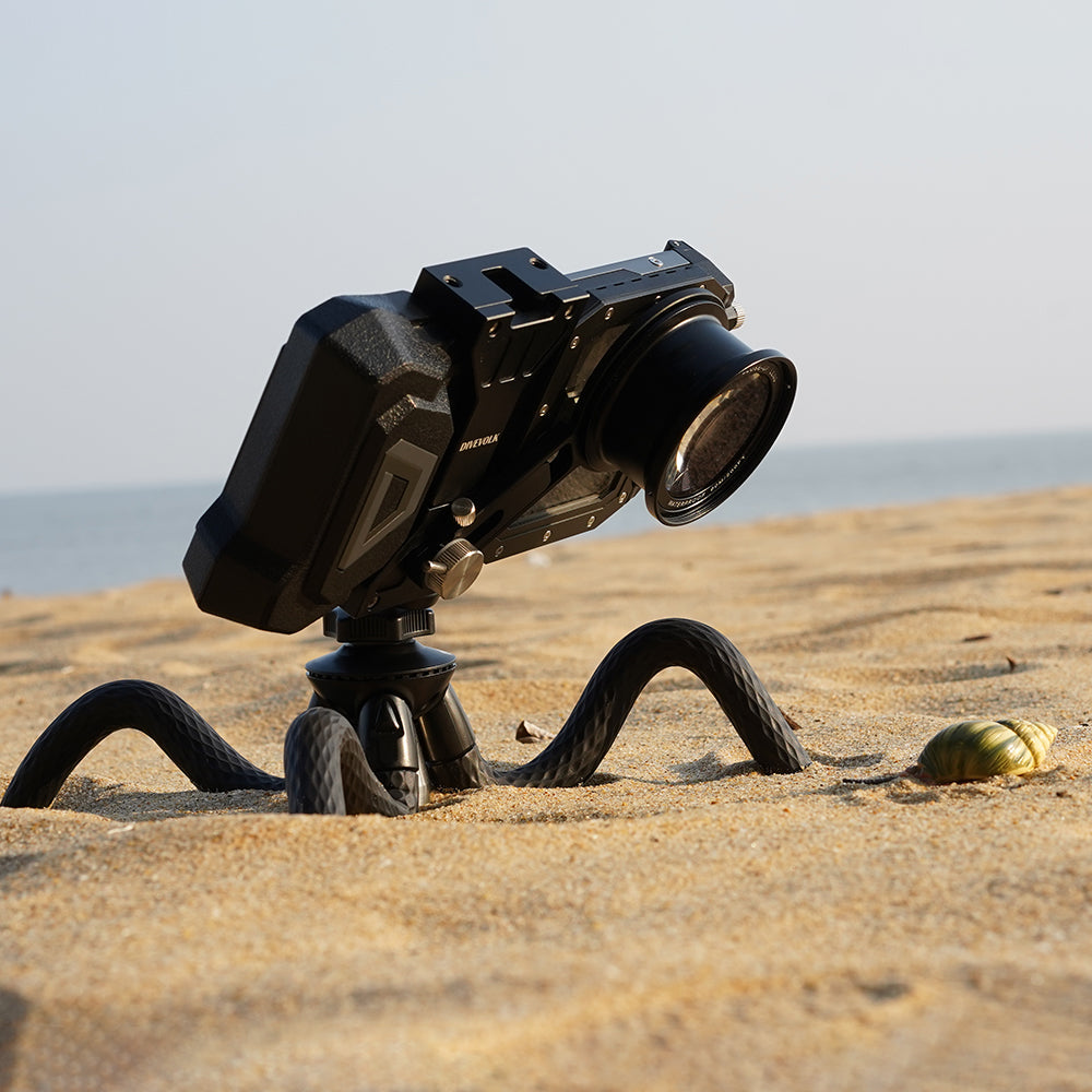 DiveVolk underwater housing tripod on beach