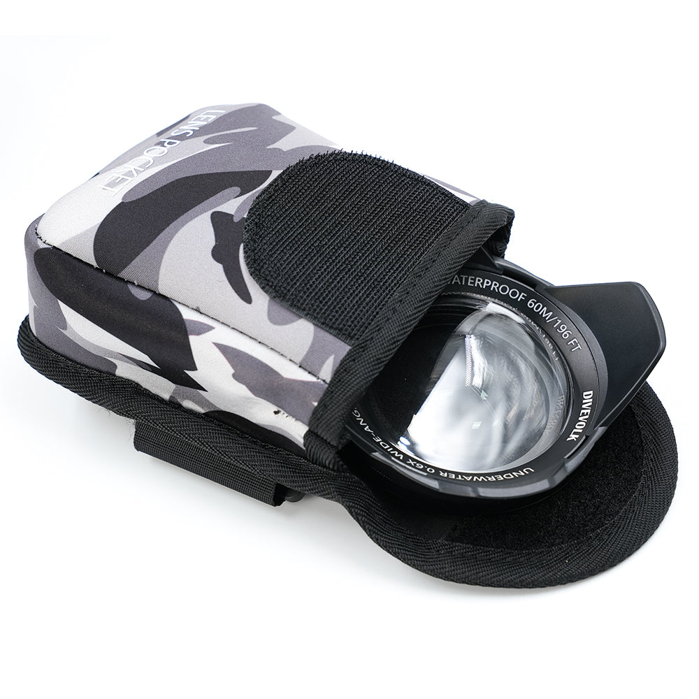 DiveVolk lens pocket with underwater lens. Diving photography accessory.