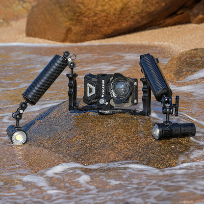 SeaTouch 4 Max underwater phone housing with lights on beach.