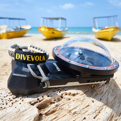 DiveVolk SeaTouch 4 Max underwater housing with lanyard on beach