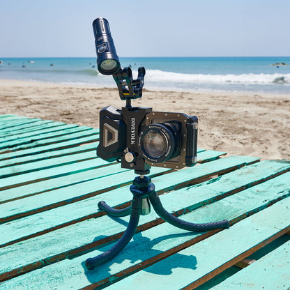 DiveVolk +8 close-up lens on tripod at beach