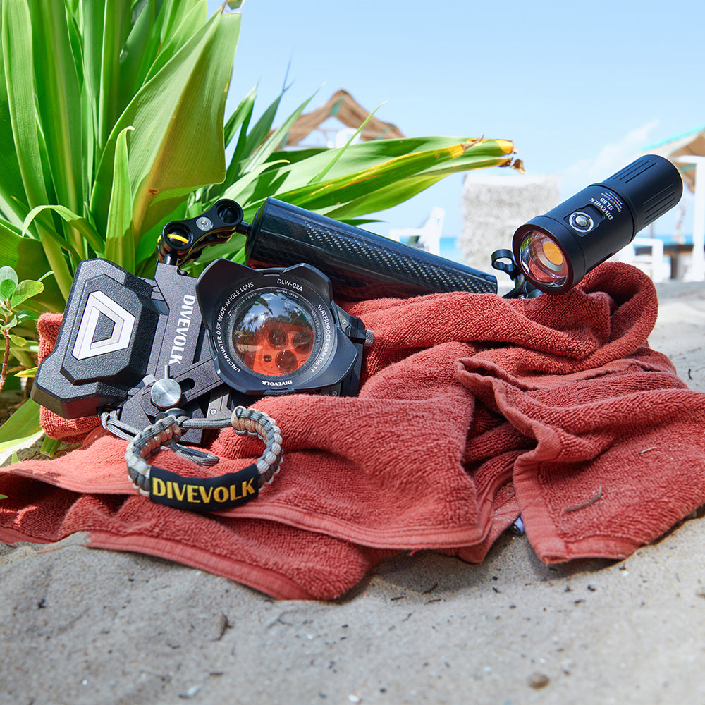 DiveVolk SeaTouch 4 Max creator kit on the beach.