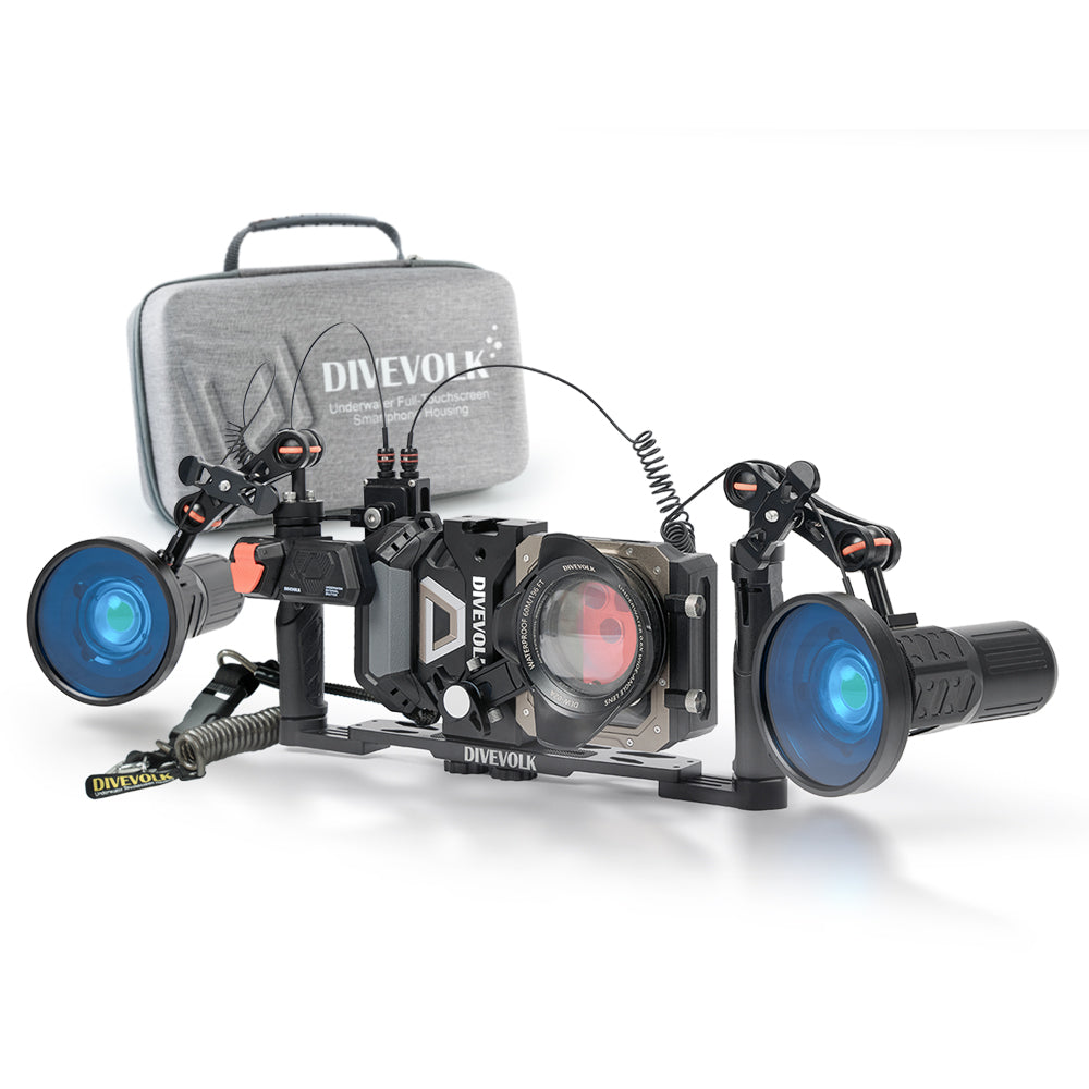 DIVEVOLK SeaTouch 6 PRO Deep Dive SL120 Kit with travel case ¡ª housing with wide-angle lens, dual SL120 video lights with ambient blue light filters on extended ball joint arms, optic fibre remote control, DIVEVOLK grey travel case in background.