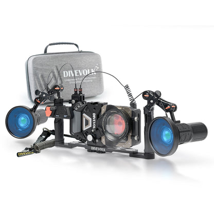 DIVEVOLK SeaTouch 6 PRO Deep Dive SL120 Kit with travel case ¡ª housing with wide-angle lens, dual SL120 video lights with ambient blue light filters on extended ball joint arms, optic fibre remote control, DIVEVOLK grey travel case in background.